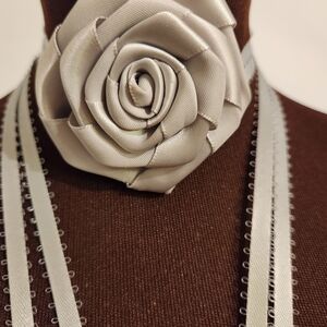 Hand Crafted Floral Choker Necklace Grey Wrap Choker Necklace Ribbon Tie